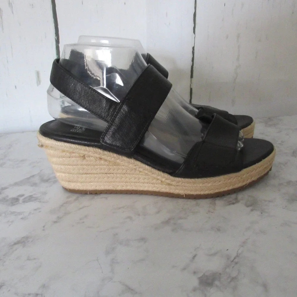 Eileen Fisher Sandals 8.5 Black Leather‎ Wedge Espadrille Adjustable Ankle Strap